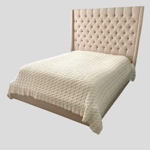 RARE LUXE HUGE WOOL Cable Knit Sweater Bedspread Blanket Ivory